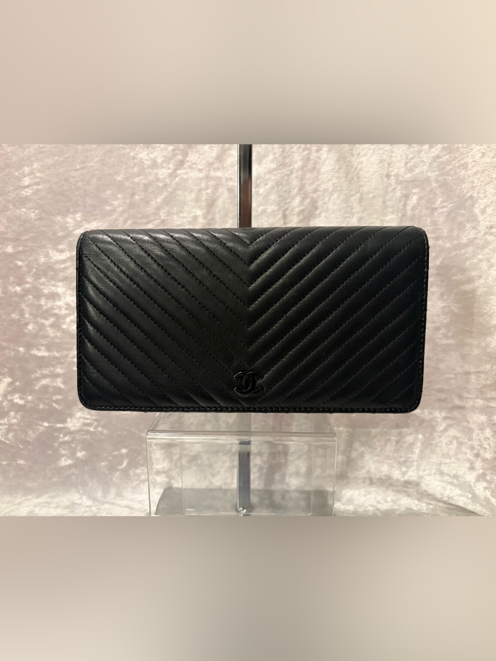 Chanel Chevron Lambskin Bi-Fold Long Wallet Black on Black COA
